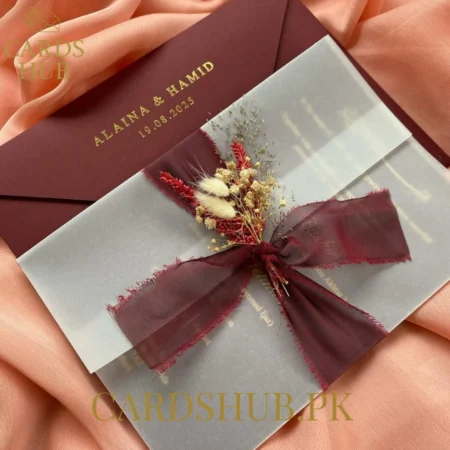 Elegant Burgundy Wedding Invitation With Vellum Wrap, Floral Ribbon & Gold Foil