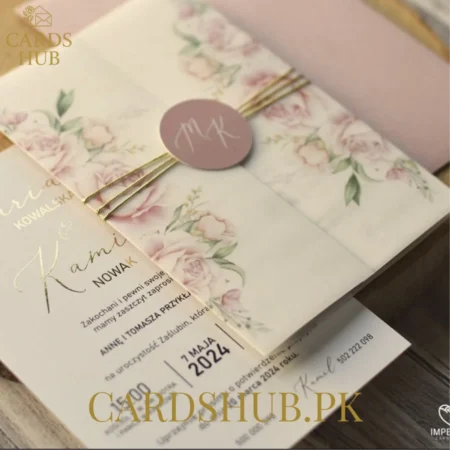 Soft Floral Wedding Invitation With Vellum Wrap, Pink Seal & Gold Foil