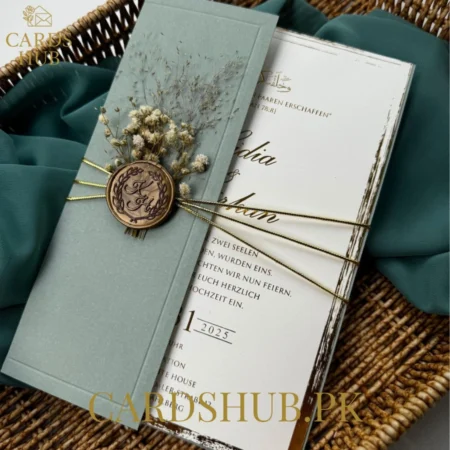 Luxury blue Wedding Invitation With Dried Flowers, Wax Seal & Gold Foil Card