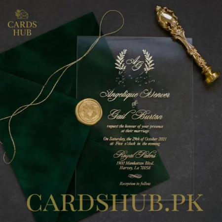 Luxury Green Velvet Acrylic Wedding Invitation with Gold Wax Seal