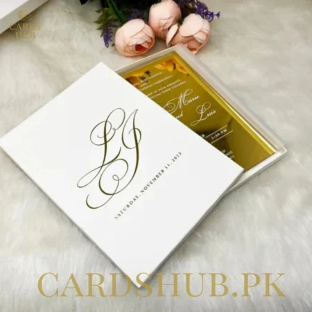 Golden Mirror Acrylic Wedding Card with White Box