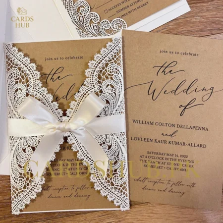 Rustic Kraft Wedding Invitation Card with White Lace and Ribbon