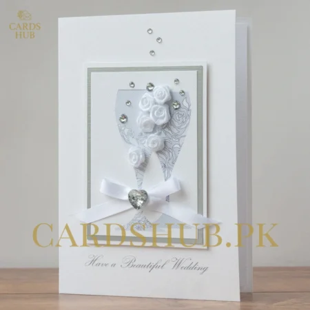 White Floral Wedding Invitation Card with Ribbon and Gems