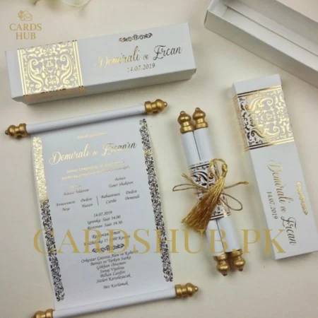 Royal Scroll Wedding Invitation Card | Elegant Gold Box Design