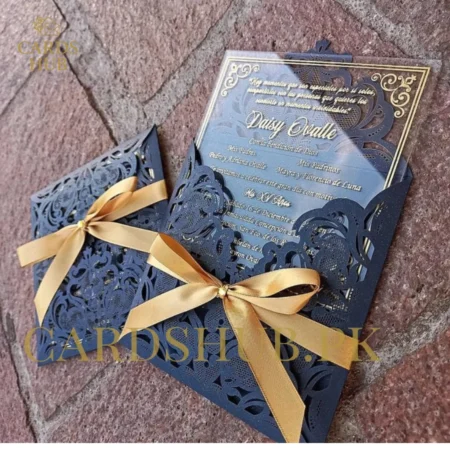 Elegant Laser Cut Wedding Invitation Card with Gold Ribbon
