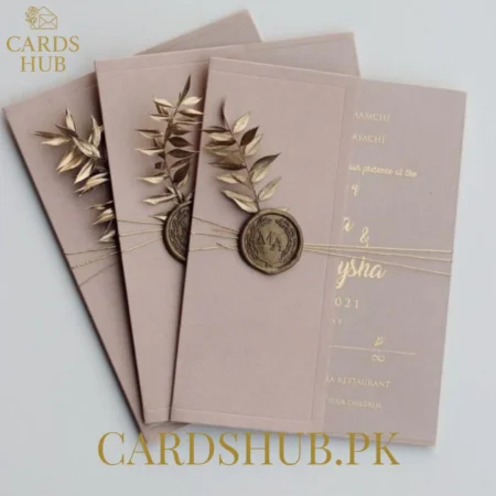 Elegant Nude Wedding Invitation With Gold Foil, Wax Seal & Metallic Leaf Decor