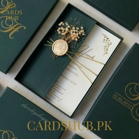 Dark Green Box Wedding Invitation With Gold Foil