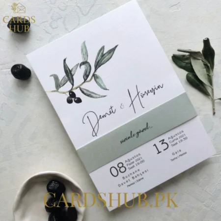 Olive Botanical Wedding Invitation With Paper Band