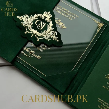 Green Velvet Wedding Invitation Box With Acrylic Card