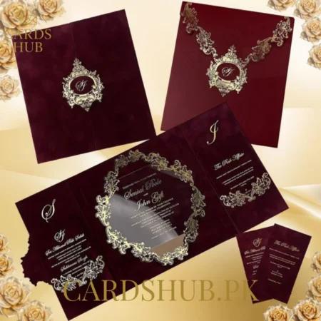 Maroon Velvet Wedding Invitation With Acrylic Card