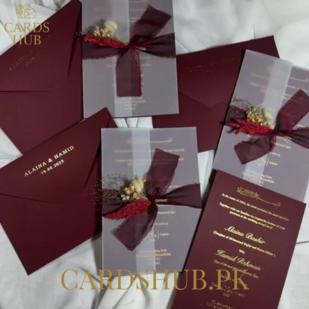 Burgundy Wedding Invitation With Vellum & Ribbon
