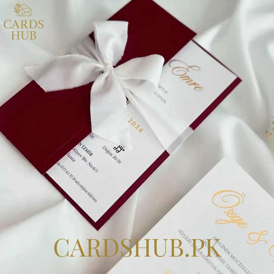 Burgundy Wedding Invitation With White Ribbon Bow