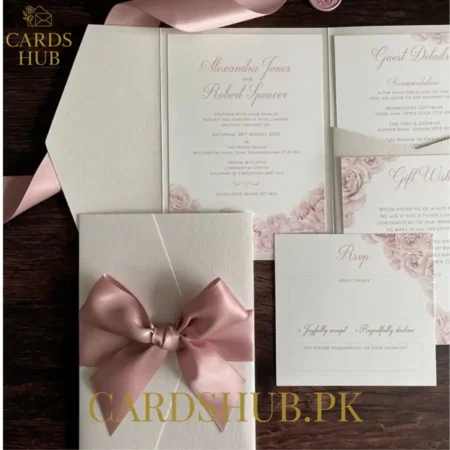 Pink Floral Wedding Invitation With Satin Bow