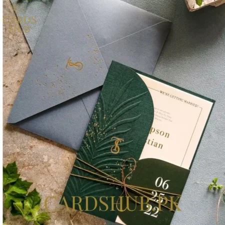 Green Embossed Leaf Wedding Invitation With Gold
