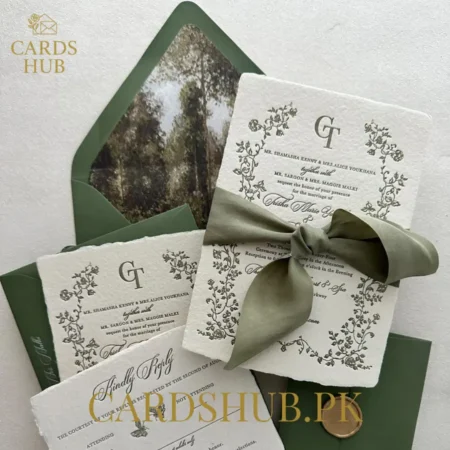 Botanical Deckle-Edge Wedding Invitation With Green Ribbon