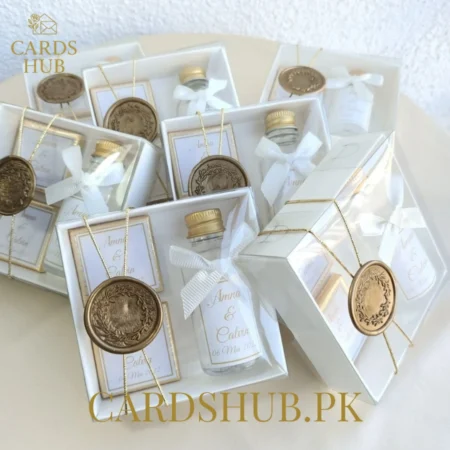 Luxury White Wedding Favor Box with Wax Seal & Mini Gift Bottle