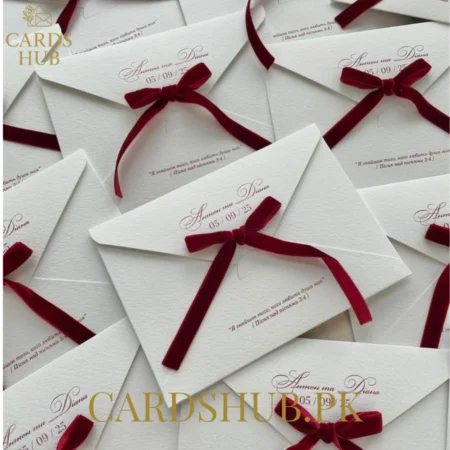 Elegant White Envelope Wedding Invitation With Red Velvet Bow