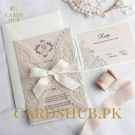 Blush Laser Cut Wedding Invitation Card with Satin Bow