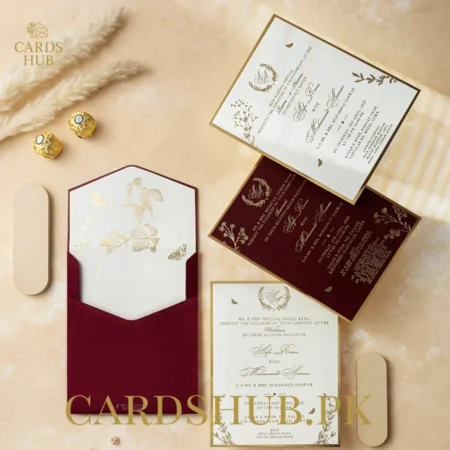 Maroon and Ivory Luxury Wedding Invitation Card with Gold Foil Design