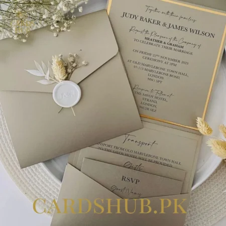 Sage Green Wedding Invitation Card Set with Gold Border and Wax Seal