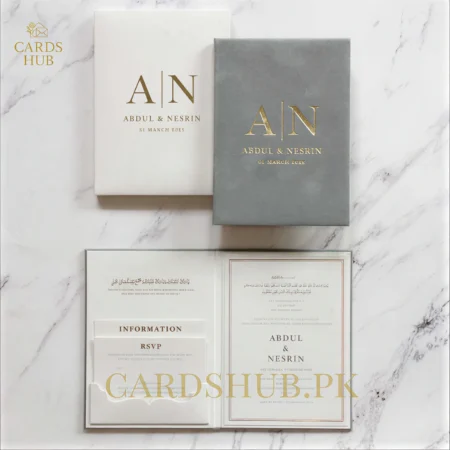 Grey and Ivory Minimal Wedding Invitation Card with Gold Foil Monogram