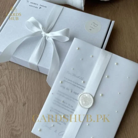 Luxury White Wedding Invitation Card with Pearl Details and Satin Ribbon