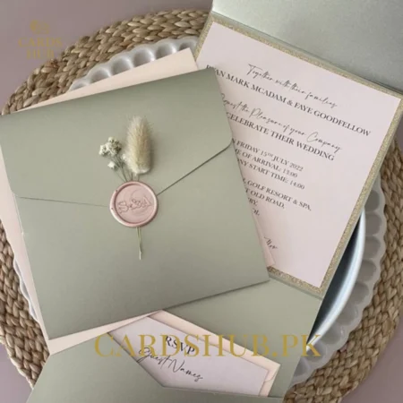Sage Green Wedding Invitation Card with Pocket Envelope and Wax Seal