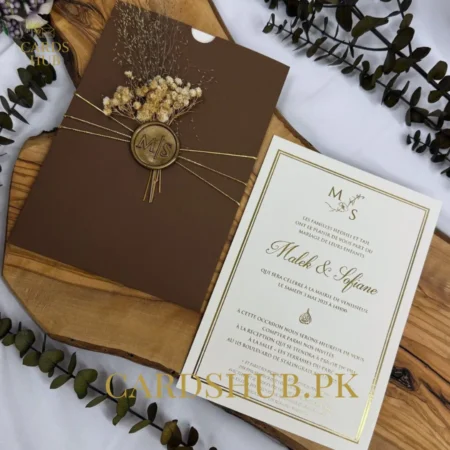 Brown Luxury Wedding Invitation Card with Gold Wax Seal and Floral Detail