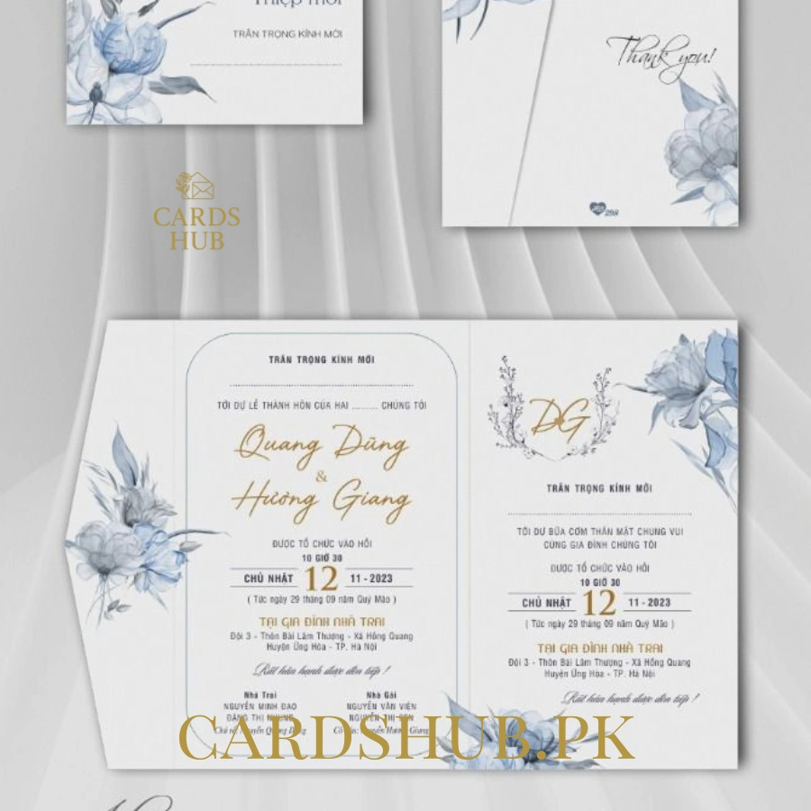 Blue Floral Wedding Invitation Card Set with Elegant Artwork