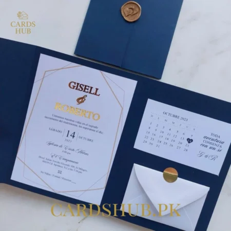 Navy Blue Wedding Invitation Card with Wax Seal and Pocket Design