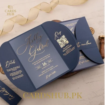 Navy Blue Pocket Wedding Invitation Card with Gold Foil Script