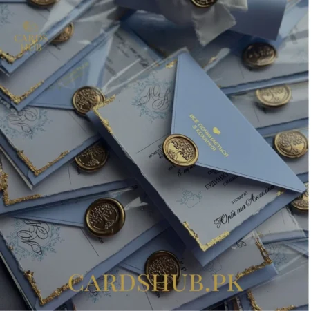 Dusty Blue Wedding Invitation Card with Gold Wax Seal and Torn Edges