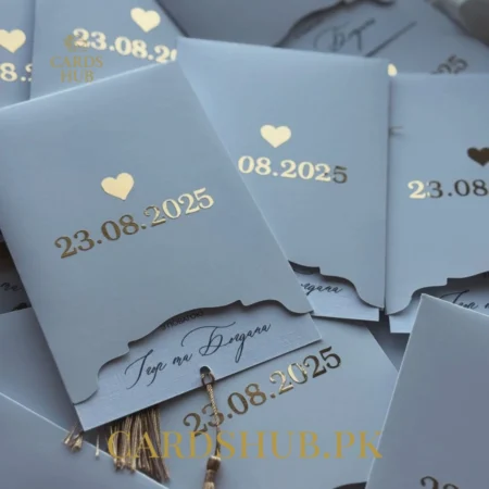 Soft Blue Wedding Invitation Card with Gold Foil Date and Tassel Detail