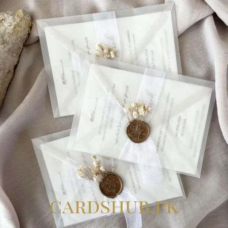Transparent Wedding Invitation Card with White Ribbon and Gold Wax Seal