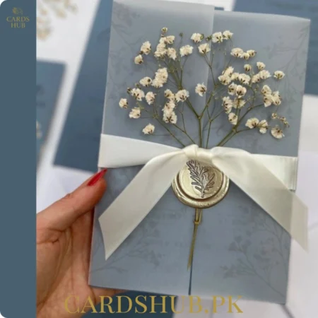 Soft Blue Grey Wedding Invitation Card with Dried Flowers and Wax Seal