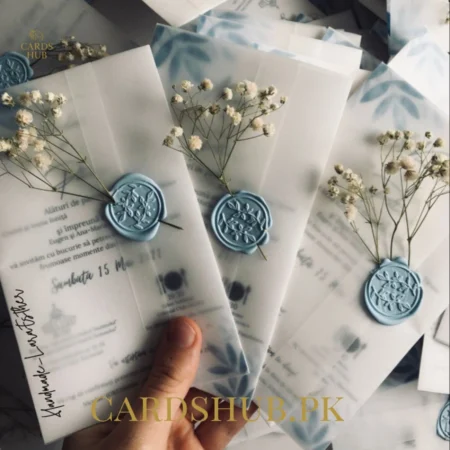 Transparent Vellum Wedding Invitation Card with Blue Wax Seal and Dried Flowers
