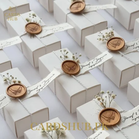 White Favor Box with Wax Seal and Floral Detail