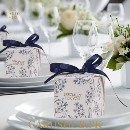 Floral Wedding Favor Boxes with Navy Ribbon
