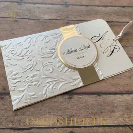 Ivory Embossed Pocket Wedding Invitation Card with Gold Seal
