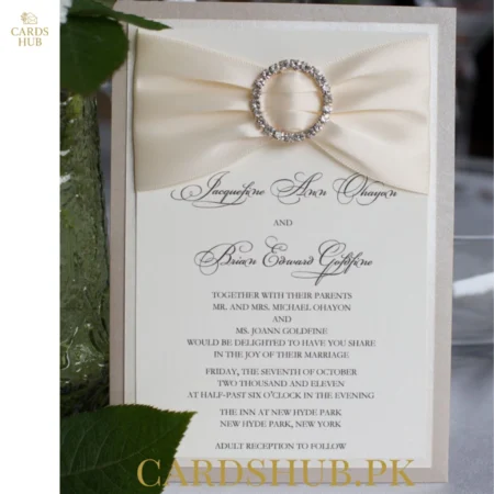 Ivory Satin Bow Wedding Invitation Card with Crystal Buckle