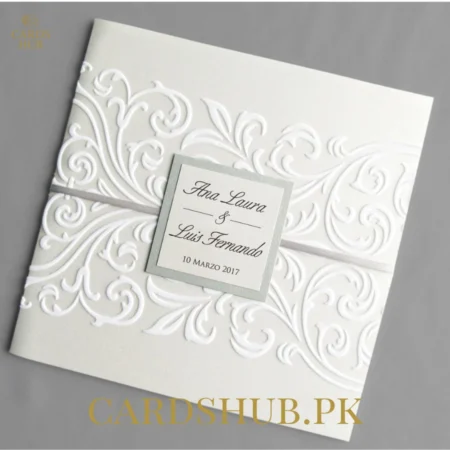 White Embossed Floral Square Wedding Invitation Card