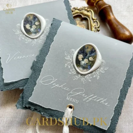 Grey Deckle Edge Floral Cameo Wedding Invitation Card