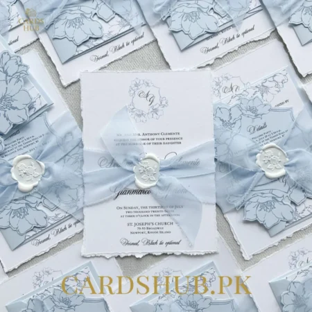 Light Blue Deckle Edge Floral Wedding Invitation Card