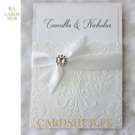 Elegant Embossed White Bow Wedding Invitation Card