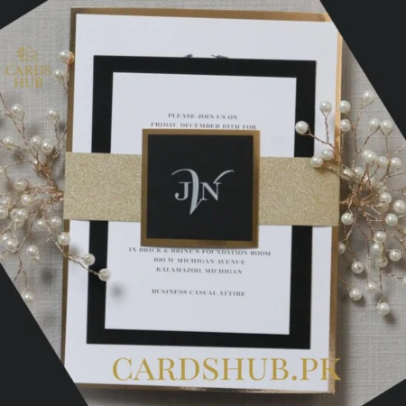 Black & Gold Modern Pearl Accent Wedding Invitation Card
