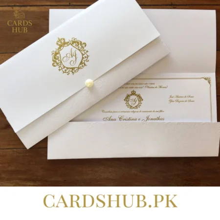 Ivory Gold Monogram Long Wallet Wedding Invitation Card