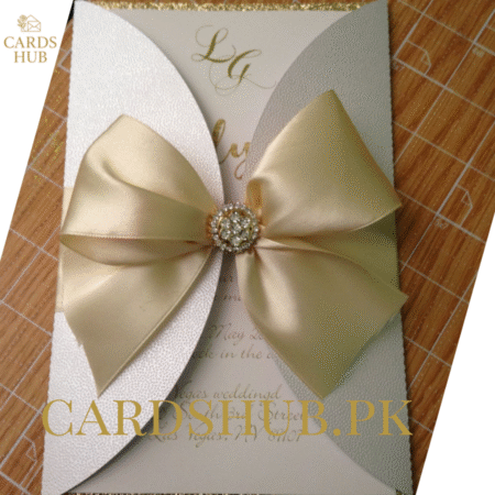 Luxury White Wedding Invitation Card with Golden Satin Bow